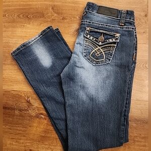 'TwentyOne Black' Bootcut Rhinestone Denim Jeans Sz 7/8R LOW RISE Distressed